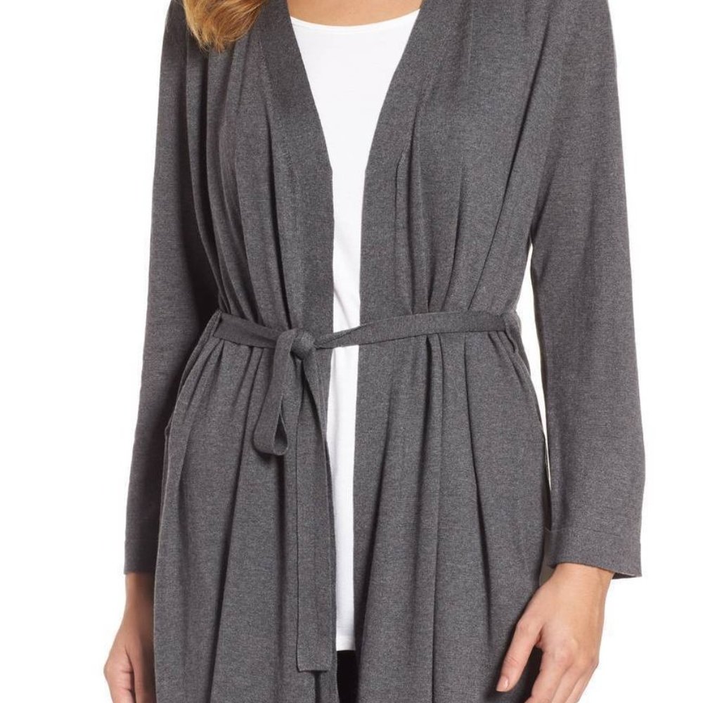 Eileen Fisher Belted Gray Open Cardigan Tencel Cotton Silk Women's Medium - Picture 1 of 11
